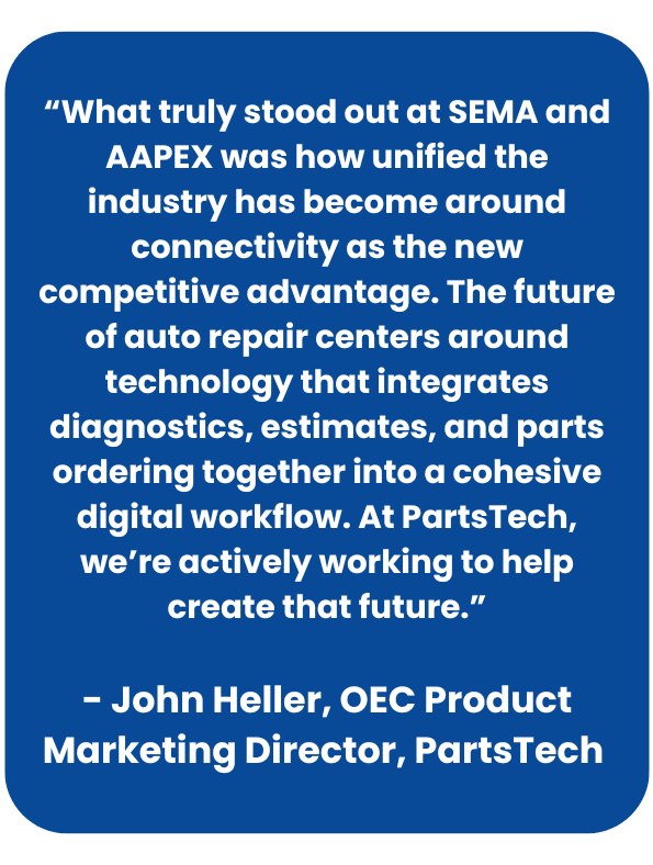 Quote from John Heller on SEMA and AAPEX:
“What truly stood out at SEMA and AAPEX was how unified the industry has become around connectivity as the new competitive advantage. The future of auto repair centers around technology that integrates diagnostics, estimates, and parts ordering together into a cohesive digital workflow. At PartsTech, we’re actively working to help create that future.” - John Heller, OEC Product Marketing Director, PartsTech
